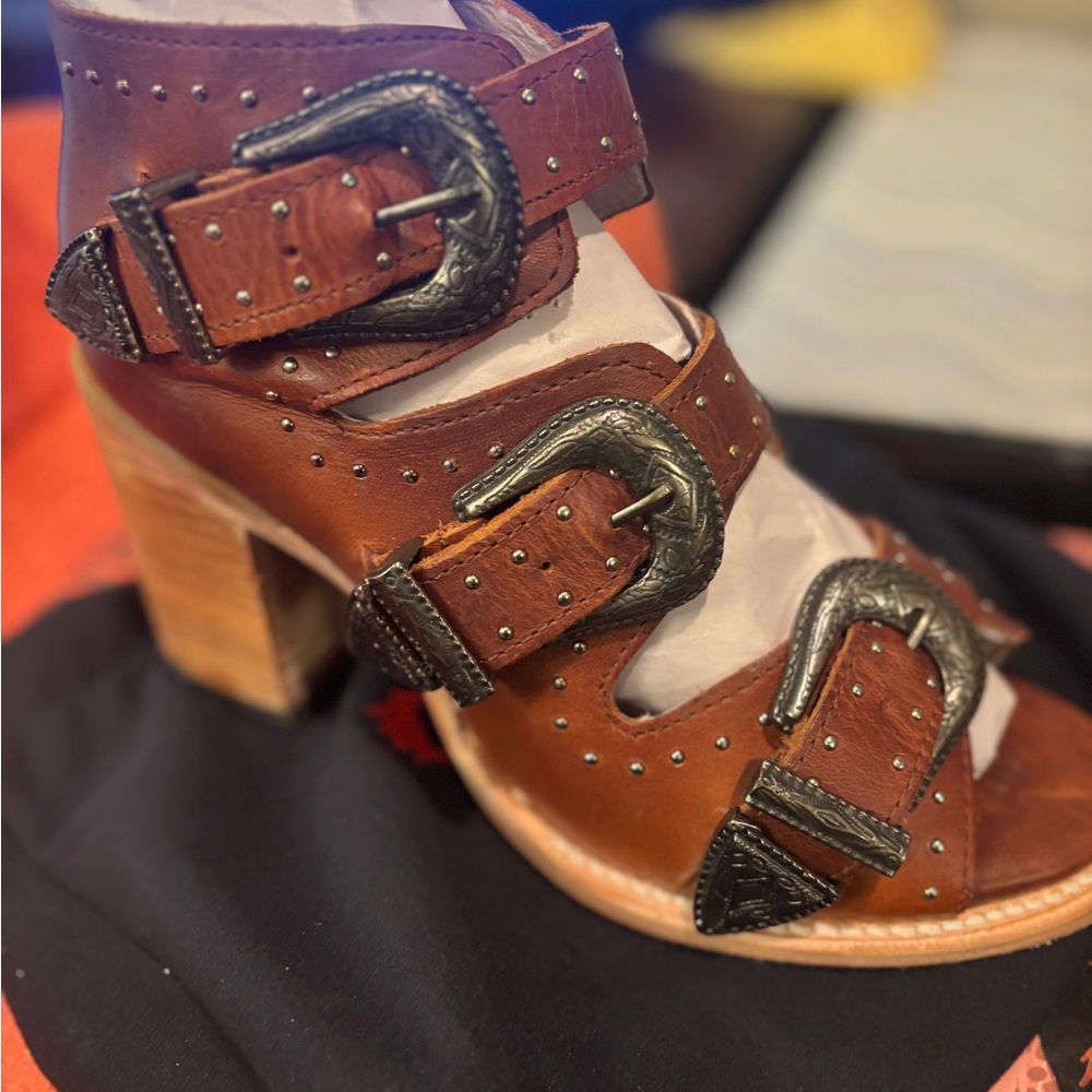 Freebird Tan Leather Heeled Sandals with Buckles